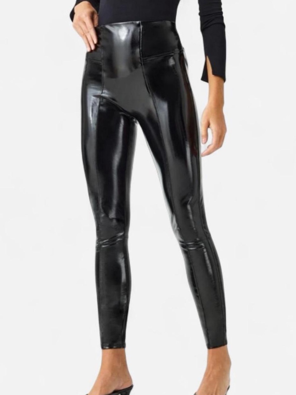 NWT SPANX Black Faux Patent Leather High Rise Ankle Leggings Size Small
